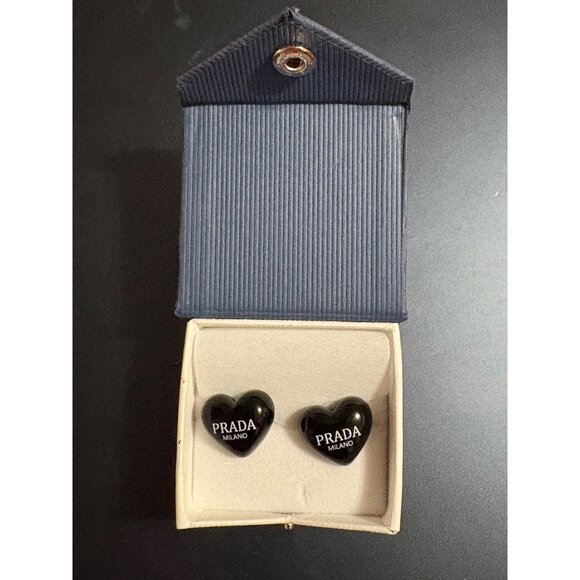 Authentic Prada Milano Black Heart Earrings Upcycled Repurposed Buttons & Box - Picture 2 of 7